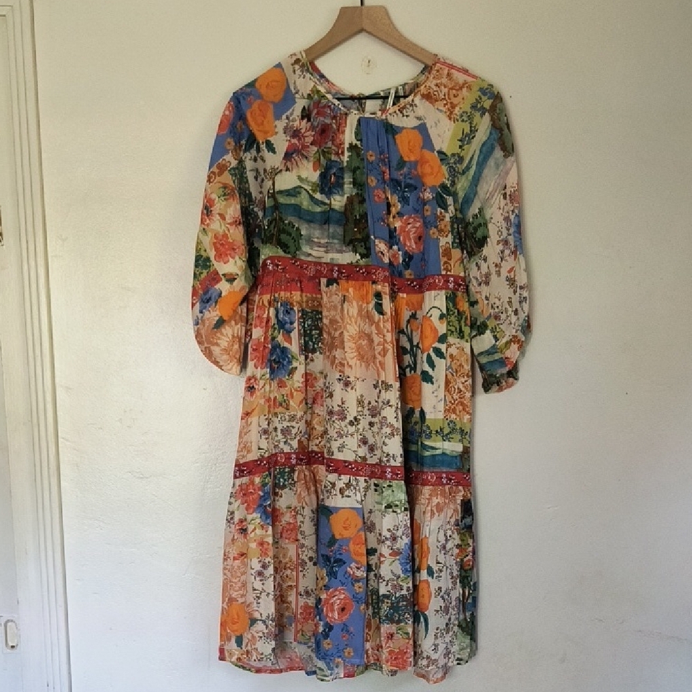 NWT Anthro Bohemian Floral Scenery Patchwork Puff Sleeve Mini Dress Sz XS Women
